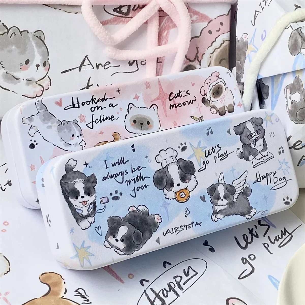 Ins Cute Cartoon Cat Puppy Cream Color Glasses Case Kawaii Girl Outdoor Portable Myopia Glasses Sunglasses Dustproof Storage Box