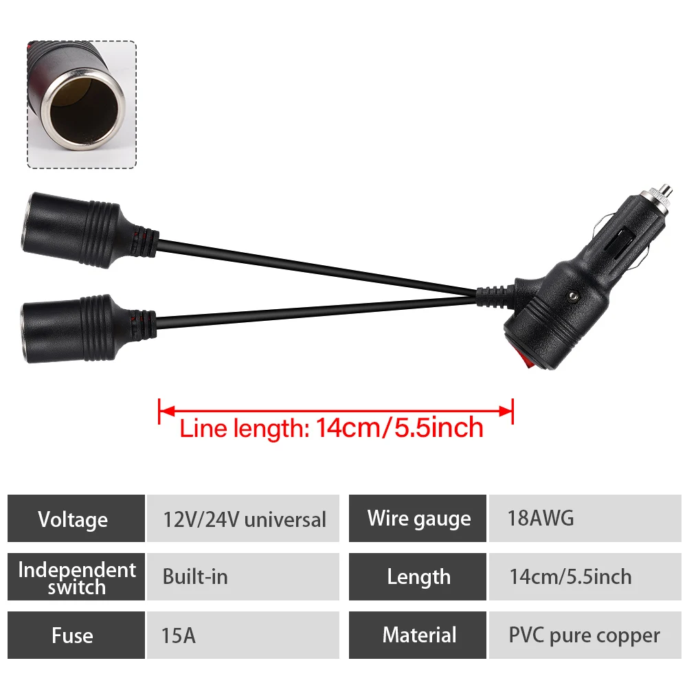 Cigarette Lighter Splitter Universal Adapter On Off Switch Car Cigarette Lighter 1 Male To 2 Female Sockets Y Splitter