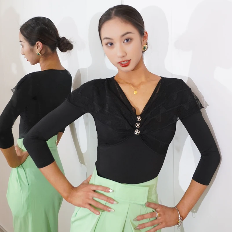 

New Latin Dance Tops Women V Neck Ballroom Dance Practice Clothes Rumba Cha Cha Training Wear Waltz Performance Costume BL11168