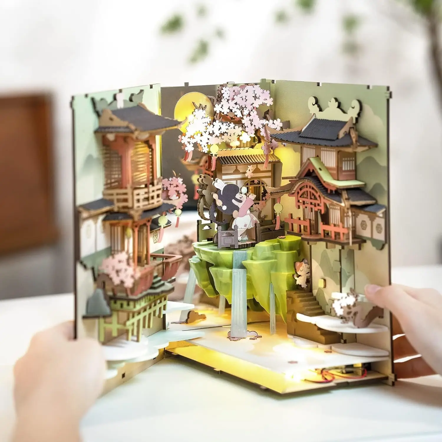 Robotime Rolife Falling Sakur Book Nook DIY Dollhouse Bookend Model Kit with LED Light Wooden Puzzle for Bookshelf Decor - TGB05 4