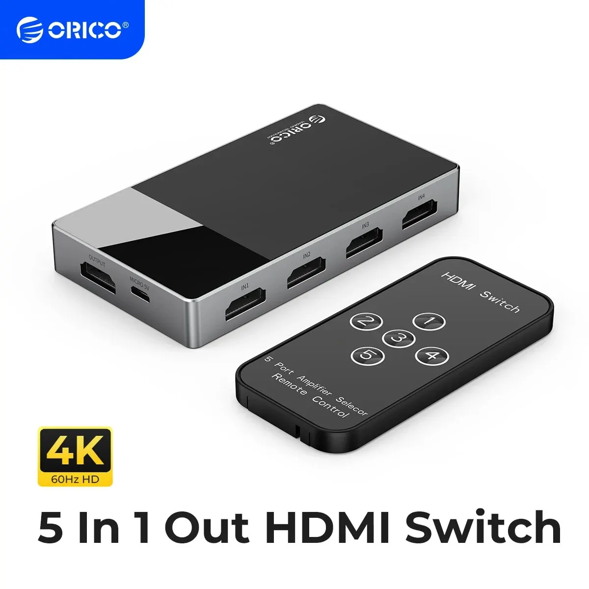 Orico 5 In 1 Out 4K @ 60Hz Switcher Convertitore Switch 2.0 Compatibile Con Hdmi Per Tv Ps5 Xbox Pc Fire Stick Con Telecomando Ir