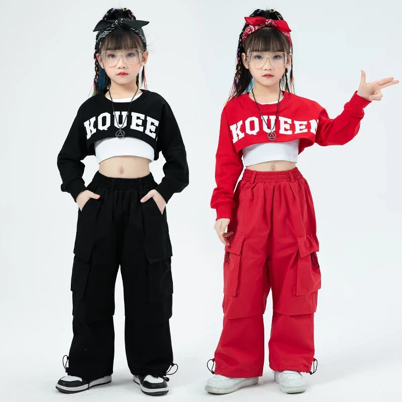 

Укороченные топы и брюки-карго в стиле хип-хоп для девочек, комплекты одежды для детей, Детская уличная одежда, спортивный свитшот, наряд для подростков и джазовых искусств