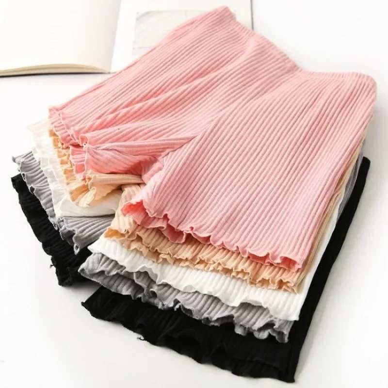 Cotton shorts ruffled three-point safety pants women's outer wear leggings thread ribbed striped stretchy underpants