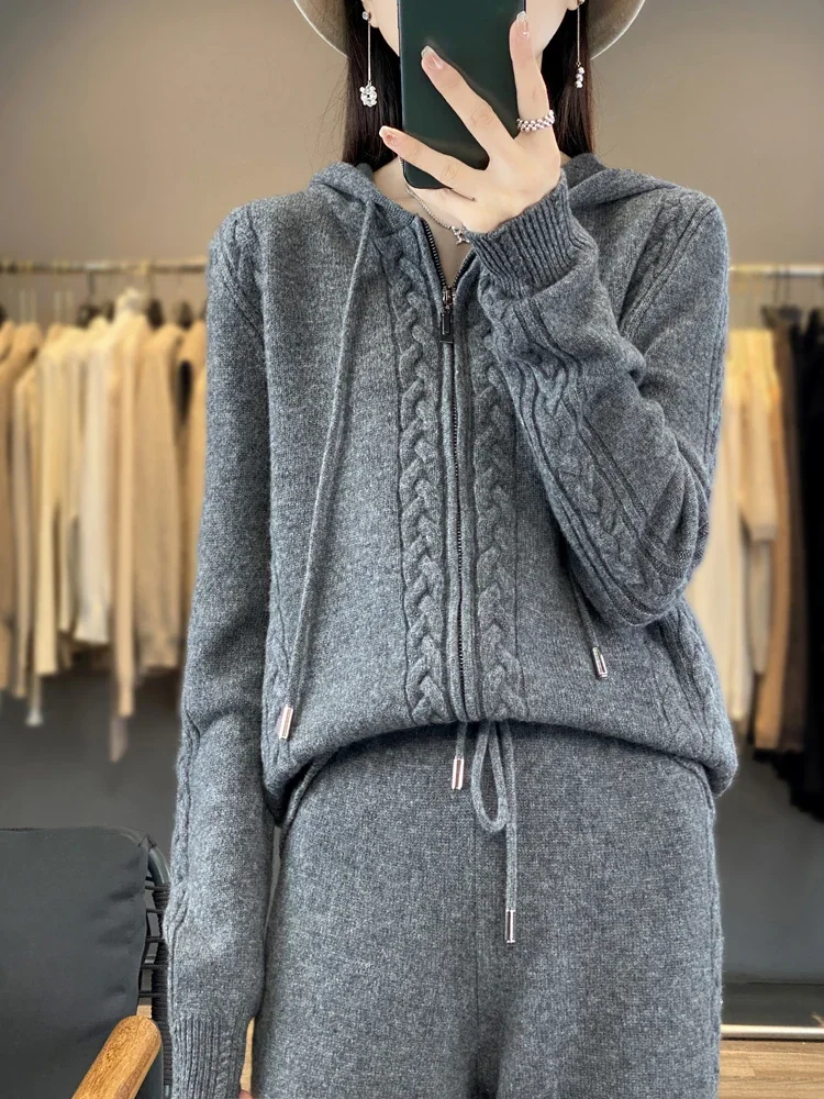 Women's Pure Cashmere Hooded Cardigan 2-Piece Set with Twisted Flower Design Loose Sweater And Wide-Leg Pants Wool Blend