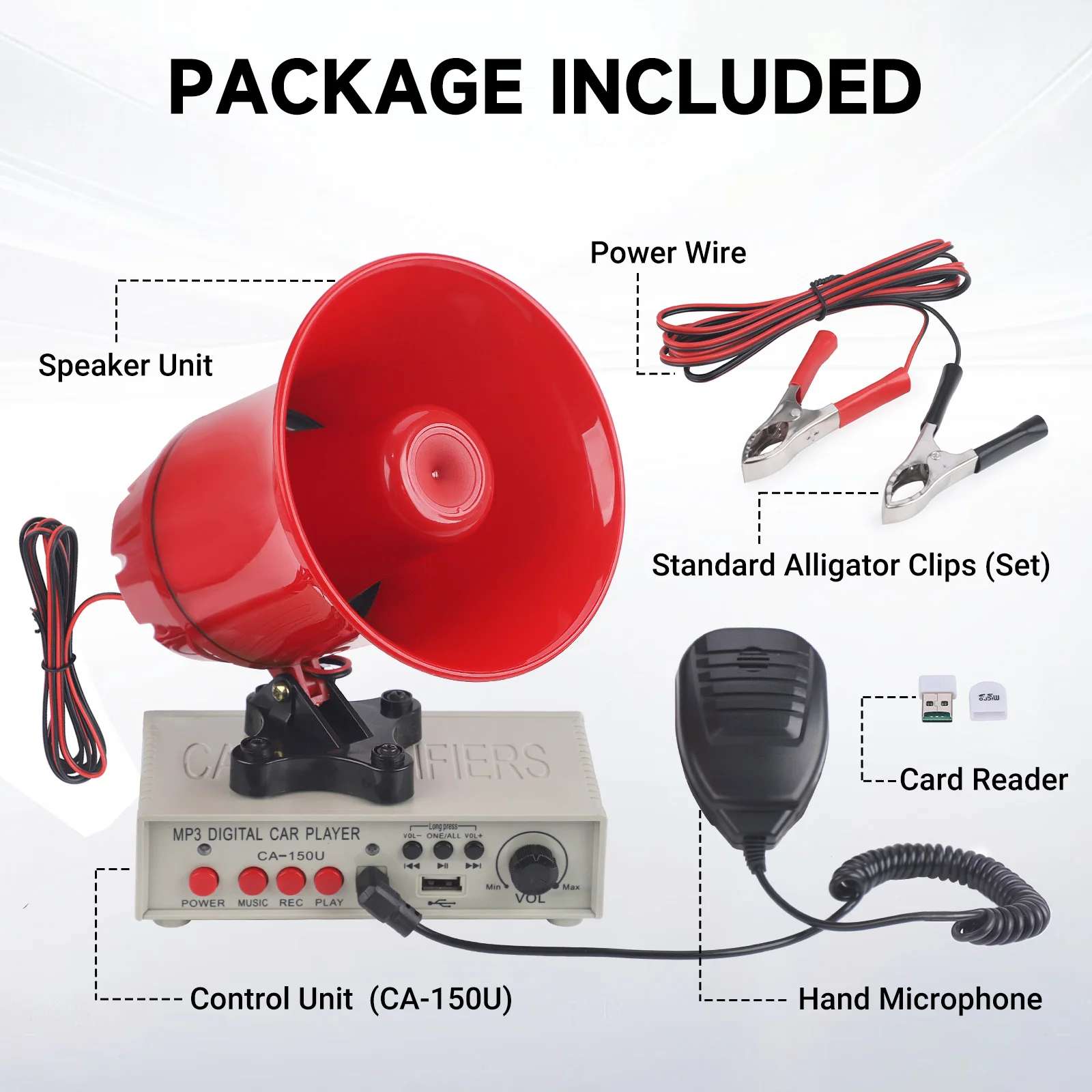 맞춤형 사운드 자동차 경보 사이렌 12V-24V DC 130dB 클락슨 경적, 앰프 마이크 시스템, MP3 플레이어 및 TF 카드 리더 포함