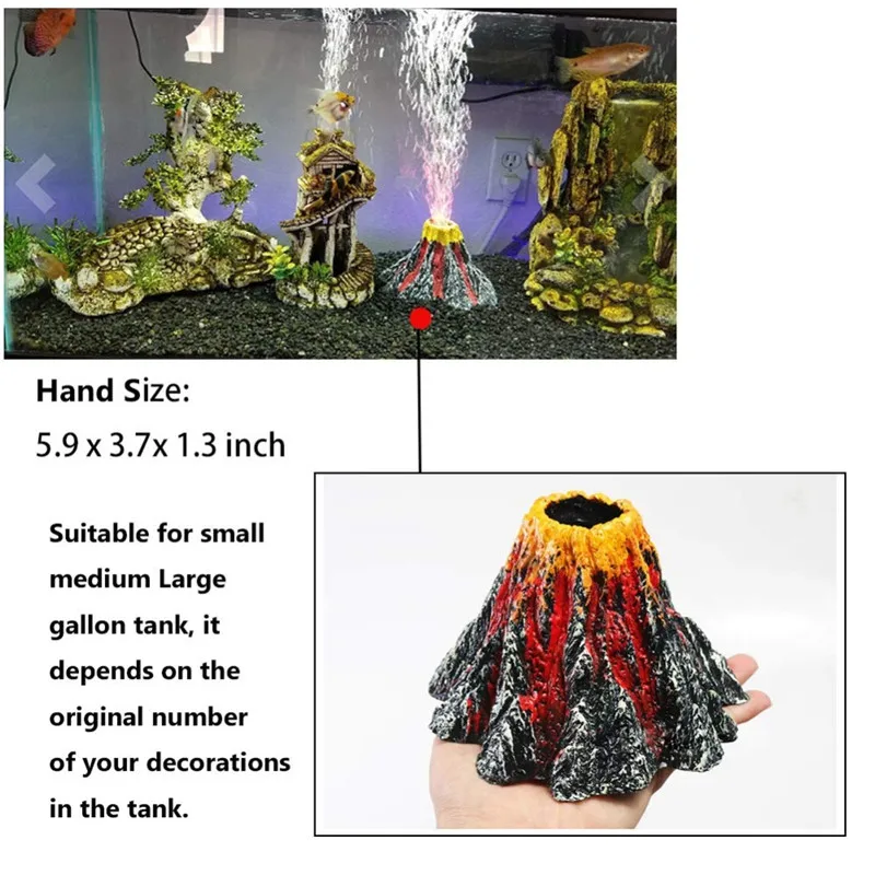 Resin Aquarium Decorations Air Stone Bubbler Volcano Shape Ornament Kit Set with Red LED Spotlight for Betta Aquarium Fish Tank fish tank ornaments,fish tank decorations,aquarium ornaments