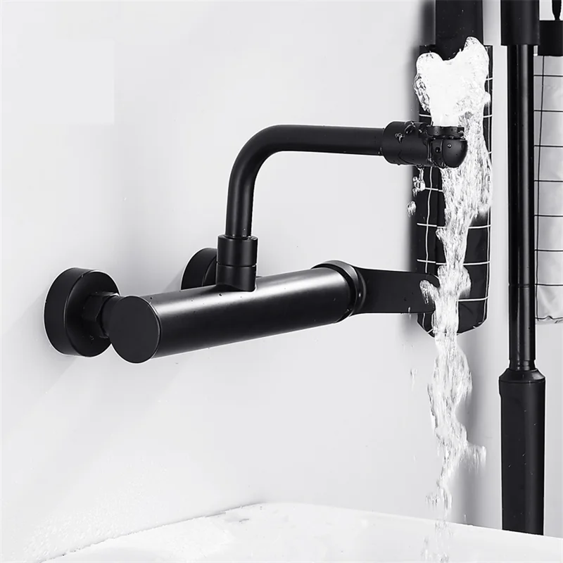 Kitchen Faucets Black Brass Dual Hole Wall Mounted Bathroom 360 Rotate Washbasin Faucet Cold Hot Water Sink Crane Mixer Taps