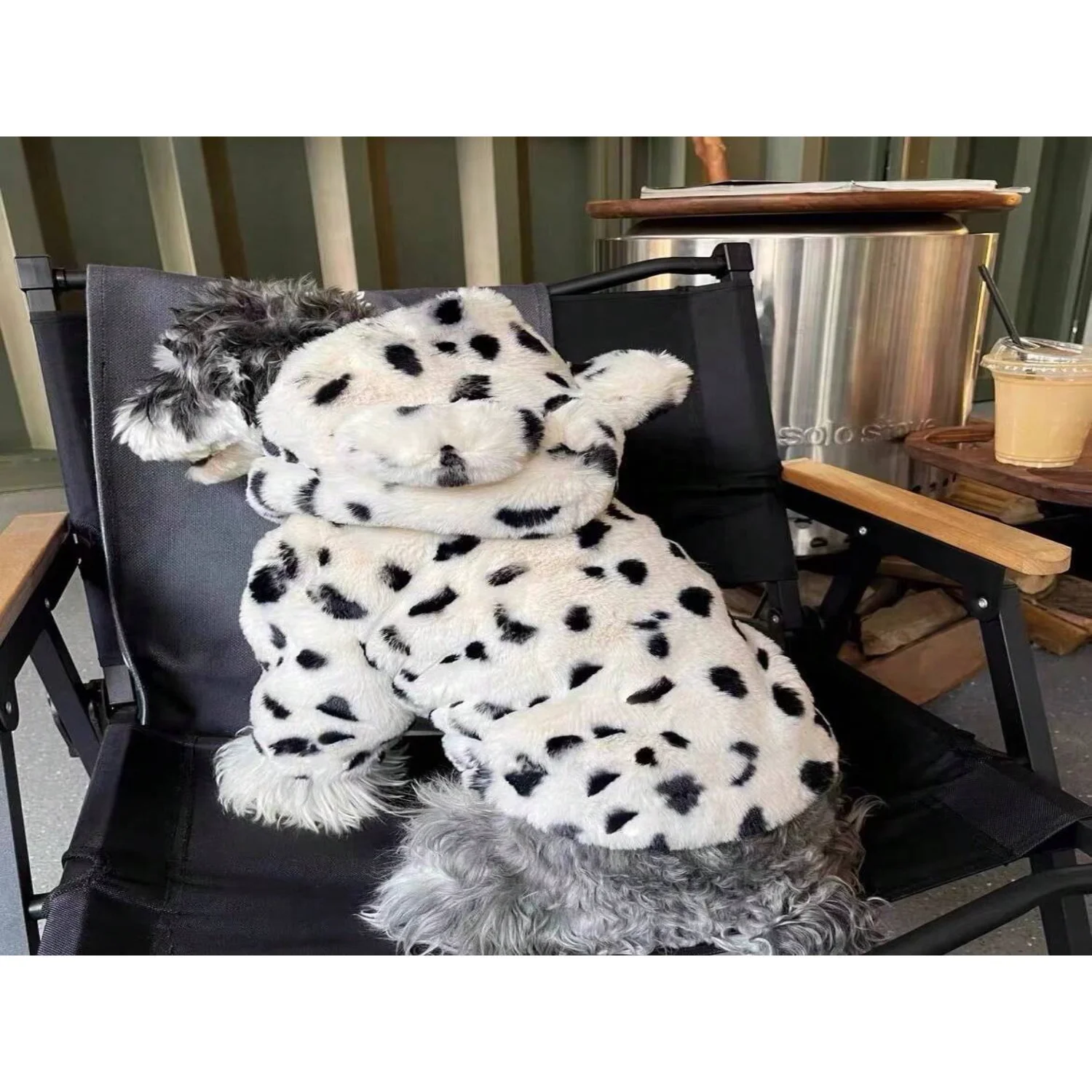 1pc White/Black Spotted Polyester Hooded Zipper Dog Jacket, Warm And Cozy