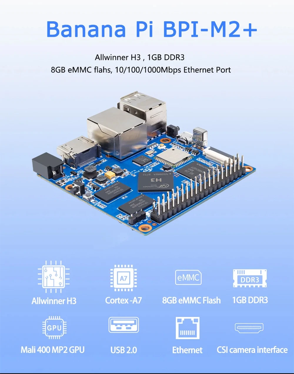 Banana Pi BPI M2 Plus Allwinner H3 1GB SDRAM BPI-M2+ HDMI Out WiFi BT CSI Androi