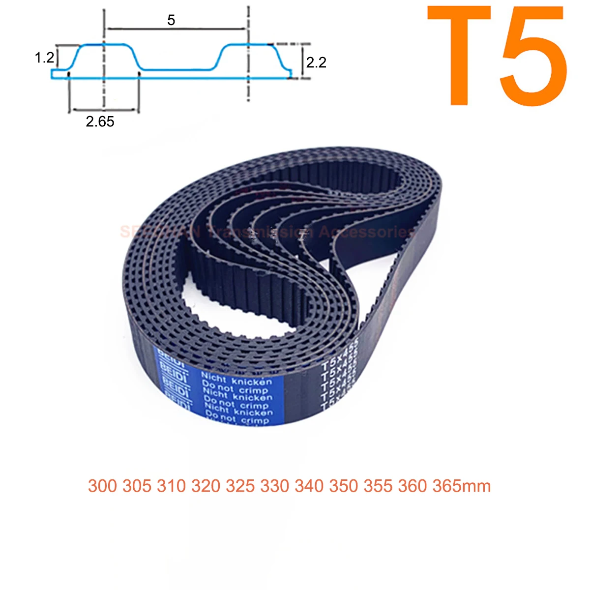 

Trapezoidal Tooth T5 Synchronous Belt Pitch Length 300 - 365mm Rubber with Fiberglass Core Width 10/15/20/25mm Timing Belt