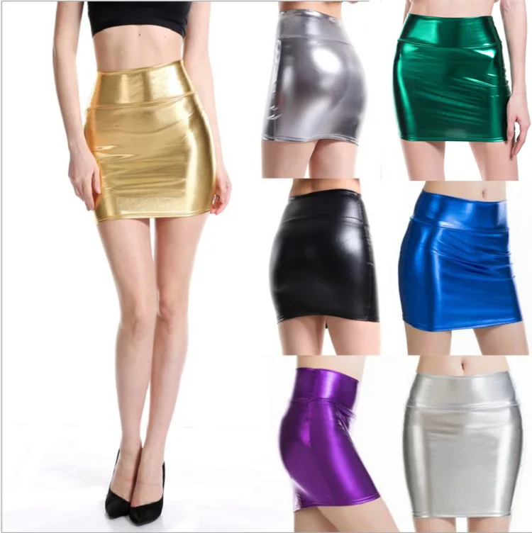 

Women Silver Shiny Metallic Dance Mini Skirt Wetlook Pencil Sexy Clubwear Patent Leather Short Skirt Party Metal Night Clubwear