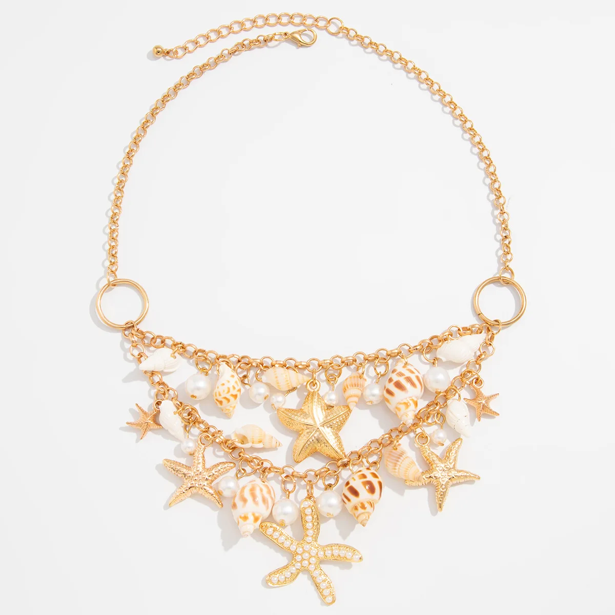 Bohemia Handmade Natural Conch Shell Starfish Metal Chain Necklace for Women Pearl Shells Sea Snail Pendant Choker Beach Jewelry