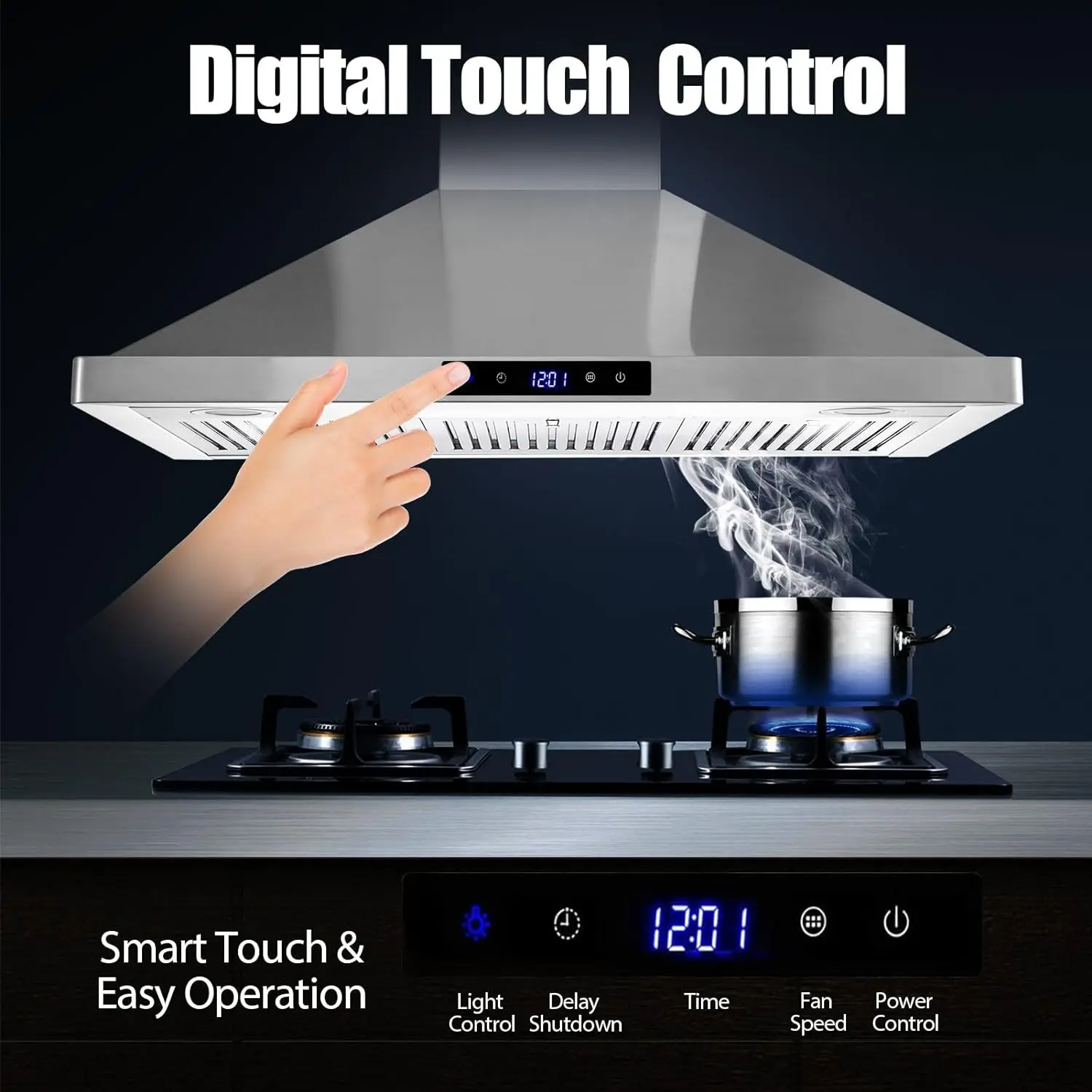 Tieasy 36 inch 700CFM Wall Mount Touch Panel Ducted/Ductless LED Lights Stainless Steel Range Hood for kitchen USGD1090