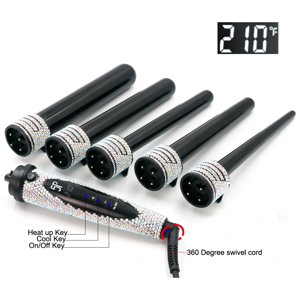 5 In 1 Curling Iron Wand Set 0.5 to 1.25 Inch Interchangeable Tourmaline Ceramic Barrels Temperature adjustment