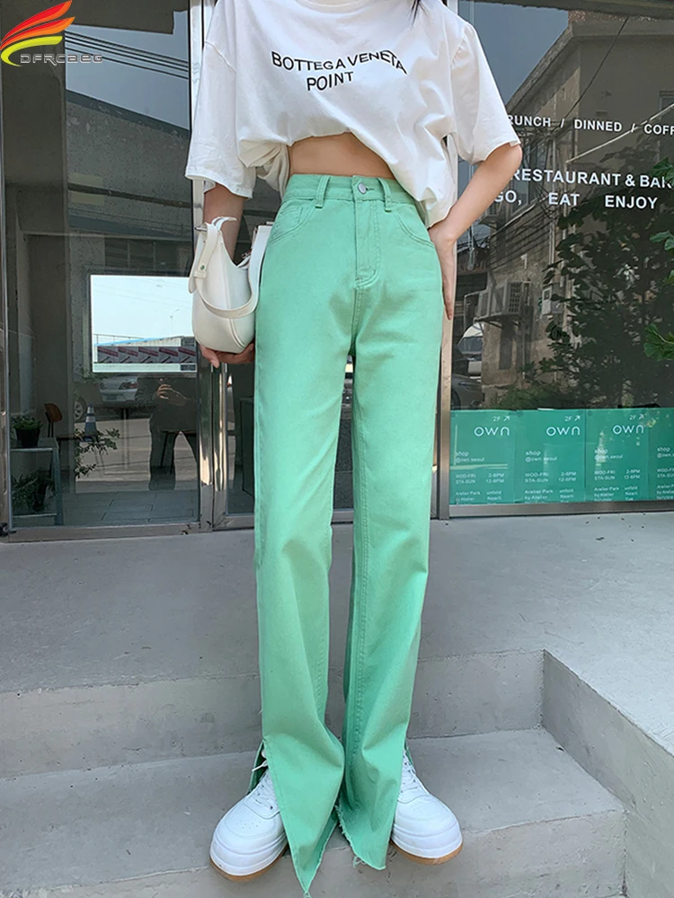 DFRCAEG 2022 Summer Ladies Denim Pants High Waist Pockets Elegant Women Green Purple Color Side Split Flare Jeans Trousers Long