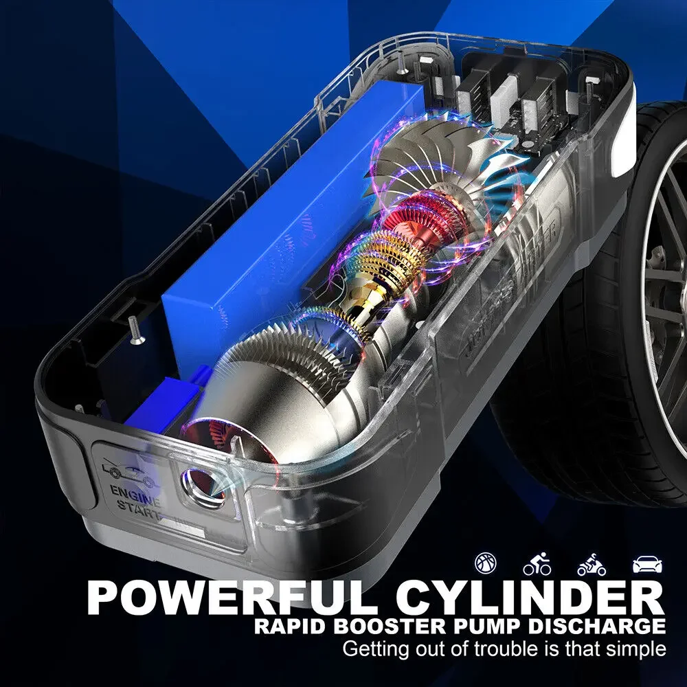 12V Car Jump Starter Air Pump 4000A Cylinder Inflatable Pump with Air Compressor Jumper Box 24000mAh Power Bank Battery Charger