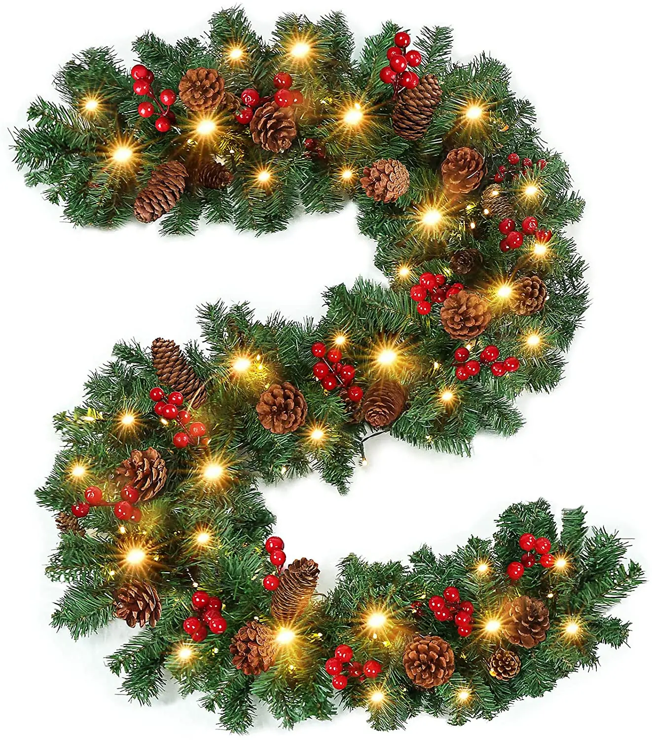 

Christmas Garland with Lights, 9FT 100 Lights Pre-lit 126 Red Berries, 36 Pine Cone Battery Operated Xmas Garland Greenery