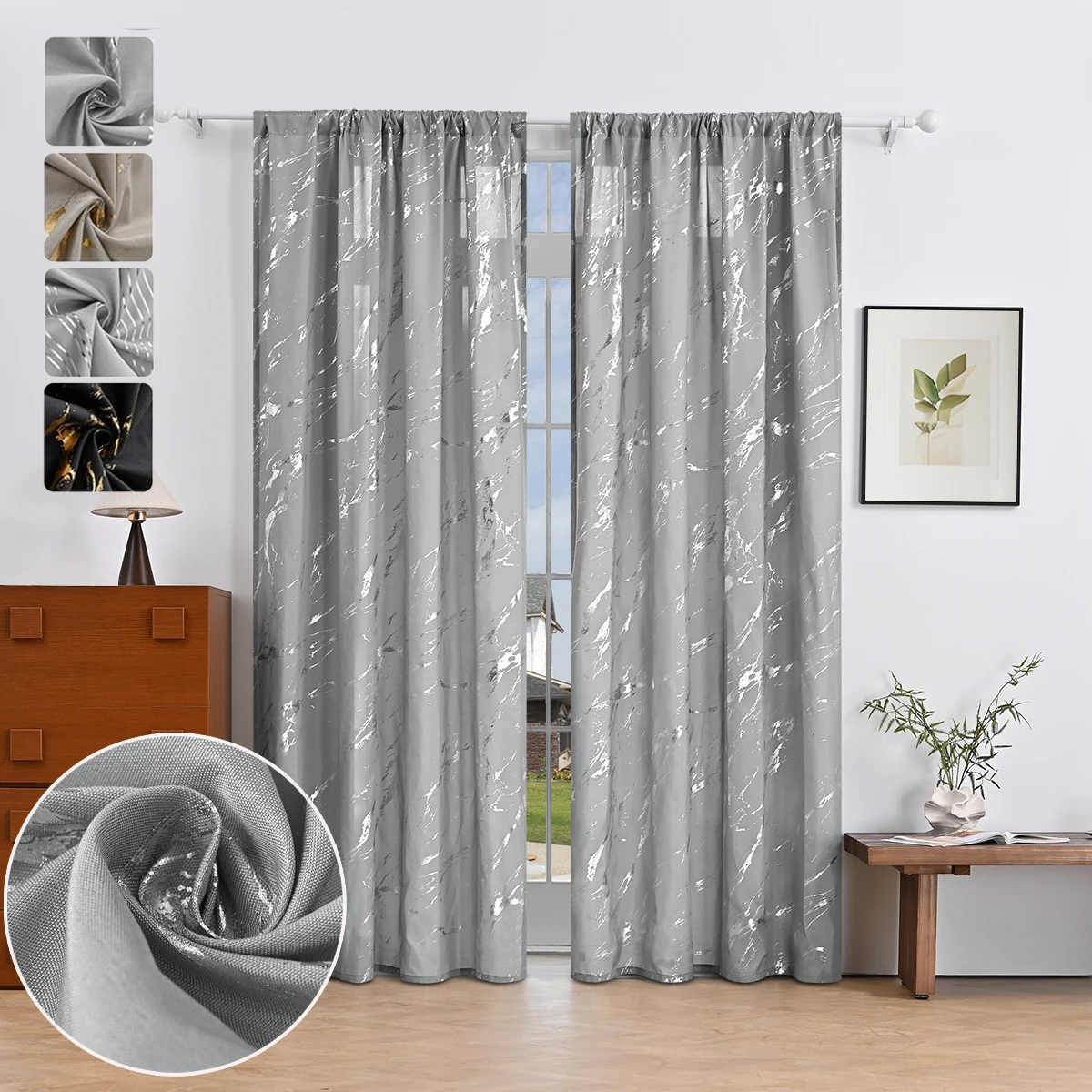 2pcs Luxury Marble Pattern Curtains with Gold Foil Precision, Rod Pocket Window