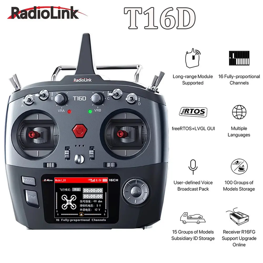 RadioLink T16D Émetteur RC 16 canaux 2,4 GHz avec récepteur R16F