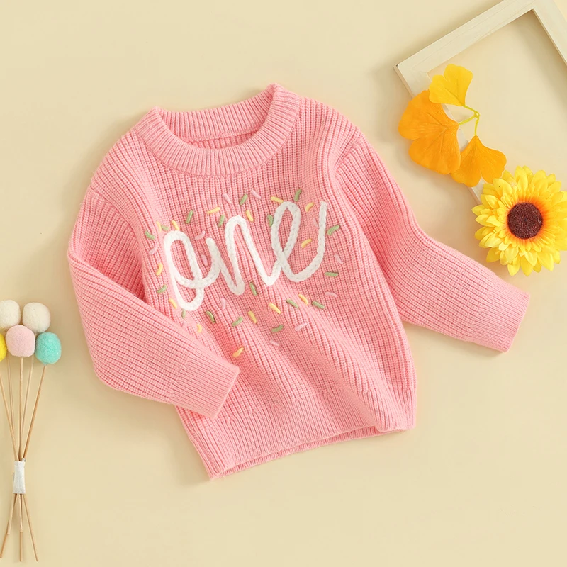 여아 첫 번째 생일 스웨터, 캐주얼 긴 소매 라운드 넥, 글자 자수, 골지 니트 풀오버 스웨터, 의류