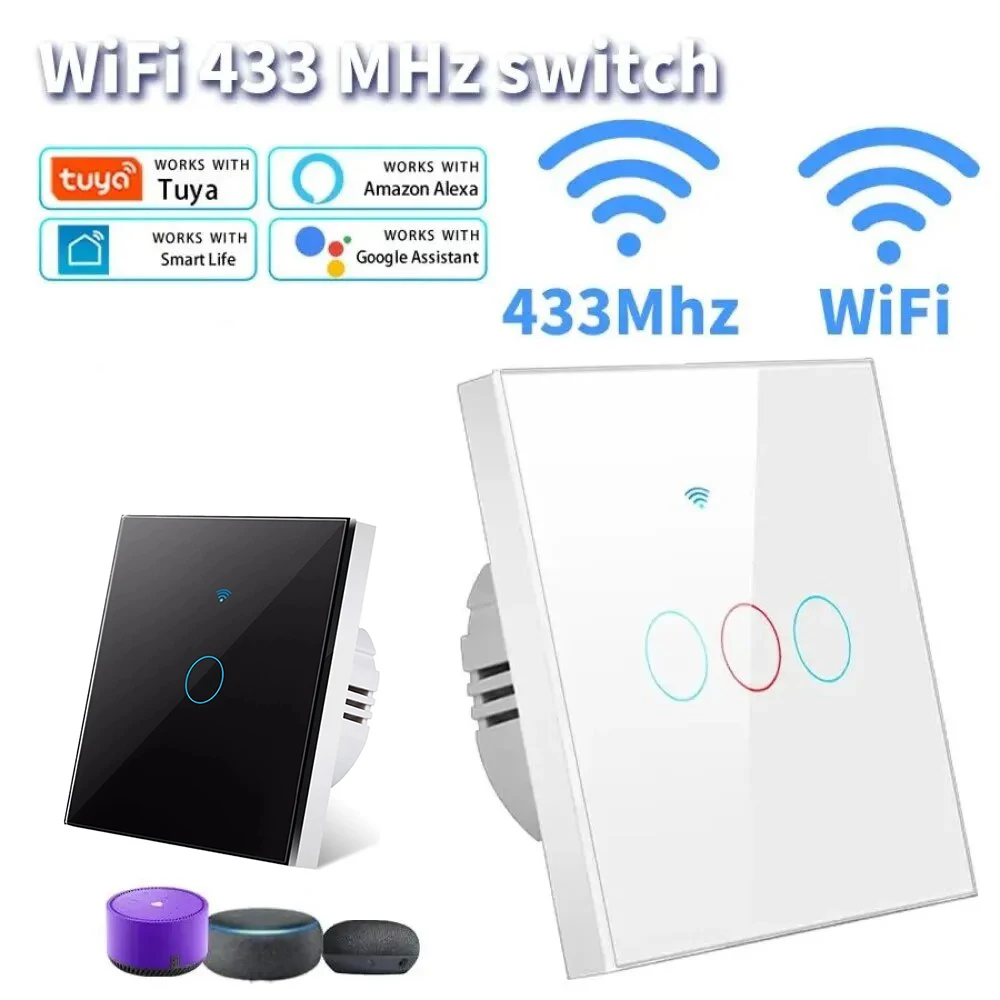 Smart Switch EU Tuya WiFi RF433Mhz Remote Wall Touch Sensor Lightes Works With Alexa No Neutral Wire Wireless 1 2 3Gang
