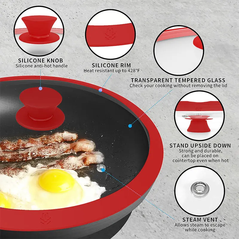Universal Lid glass pot lid glass lid for Pots Pans Cookware Tempered Glass Lid for Skillets with Silicone Rim Replacement Frying Pan Multi Size