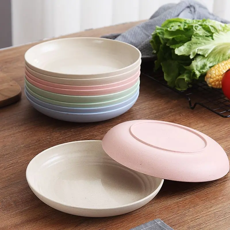 Set(8pcs) Nordic Color 23CM Large Round Plate Home Shatter Resistant Wheat Straw Plate Microwave Oven Tableware