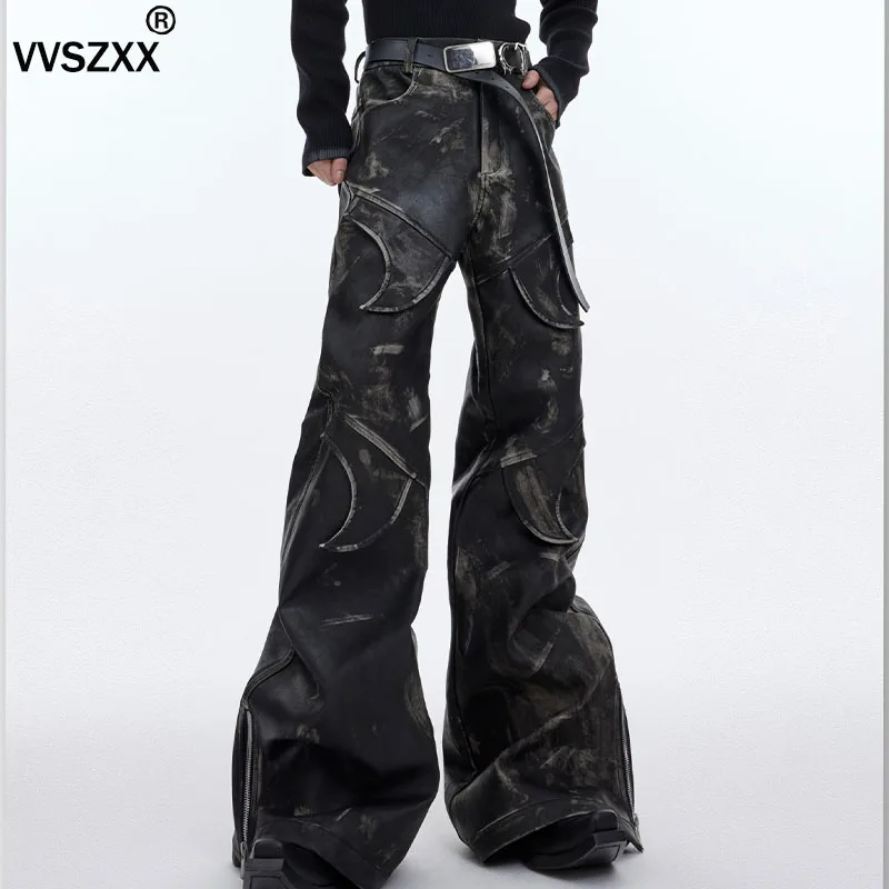 Retro Distressed Deconstruct Micro Flare Leather Pants Men's Heavyweight Segmentation Design Casual Leather Trouser 1