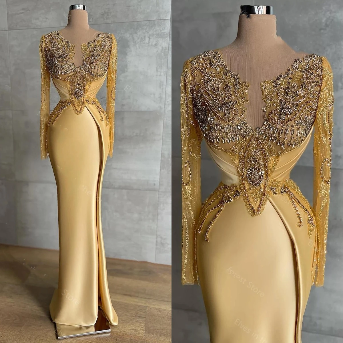 beautiful prom dresses Gold Mermaid Satin Prom Dresses Appliques Long Sleeves Shiny Beads Crystals High Split Party Evening Gowns Robe De Soiree prom gowns