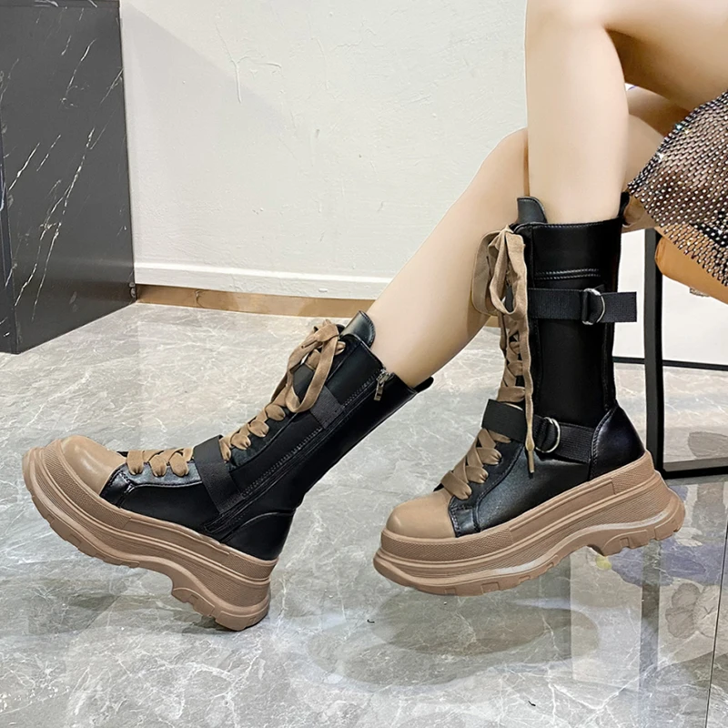 Platform Boots PU Leather Mid-Calf Combat for Women