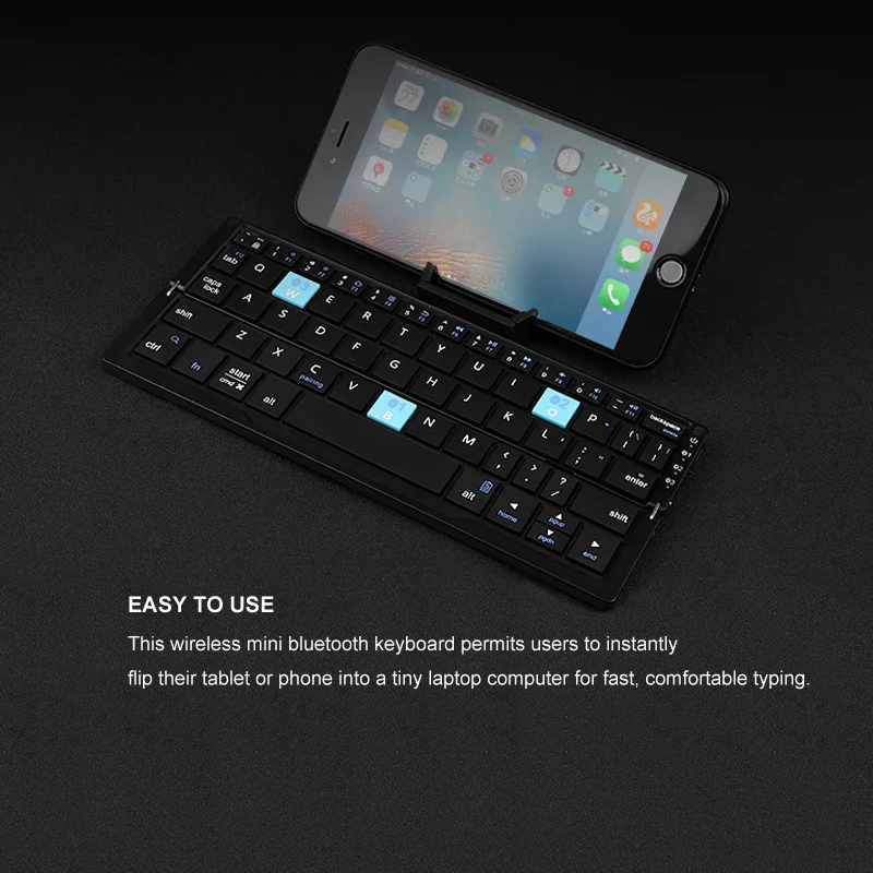 Mini Teclado Bluetooth sem Fio Dobrável com Suporte para Telefone Recarregável Alumínio Teclado - Imagem 2