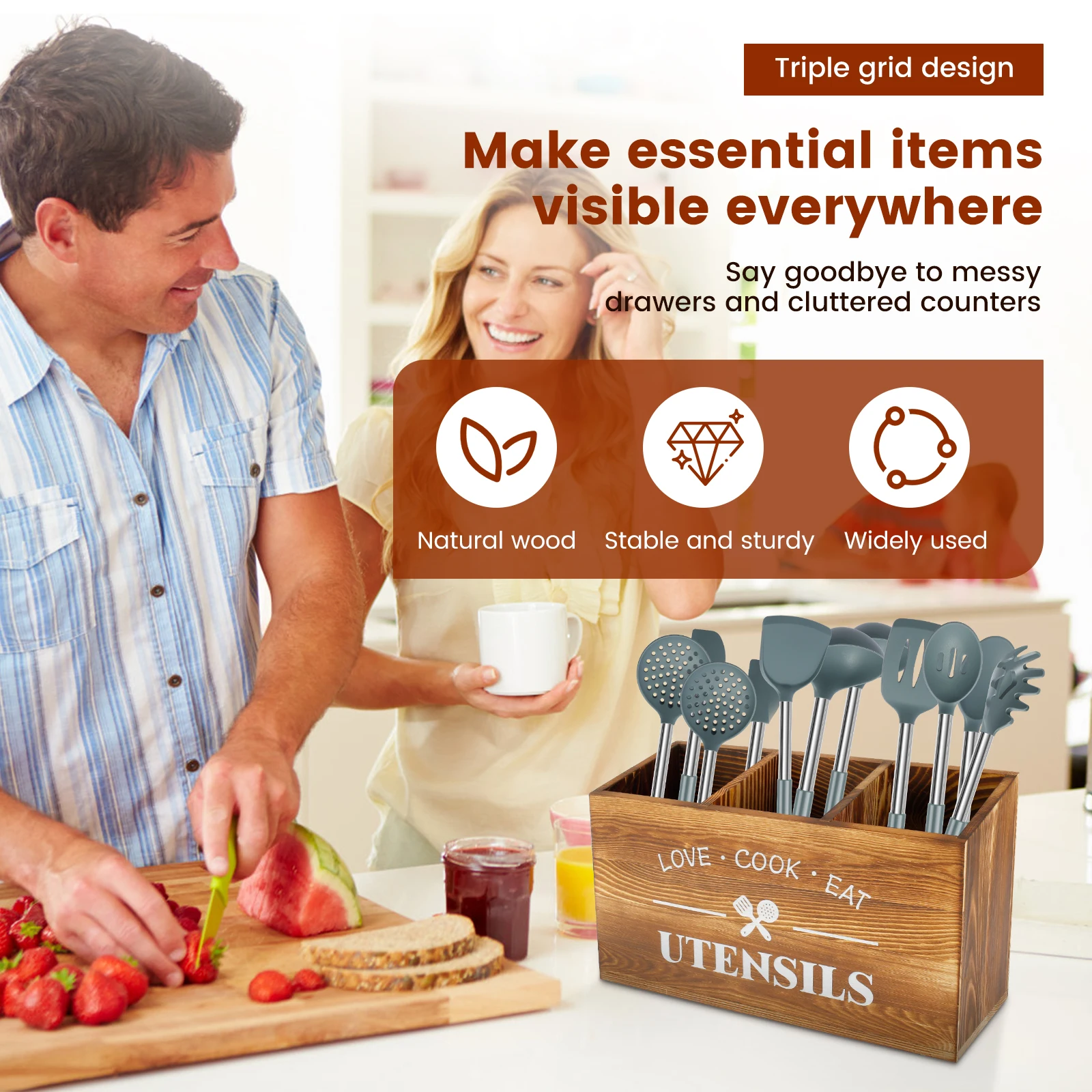 Wood Kitchen Utensil Holder Spoon Fork Tableware Storage Rack Container Large Kitchen Utensil Caddy Organizer Silverware Holder 2