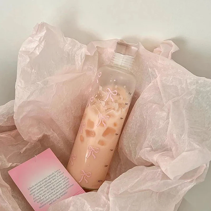 Kawaii Bow Plastic Water Bottle With Time Scale Transparent Water Cup Outdoor Sports School Drinking Bottle 500ML sports water bottle portable water bottle