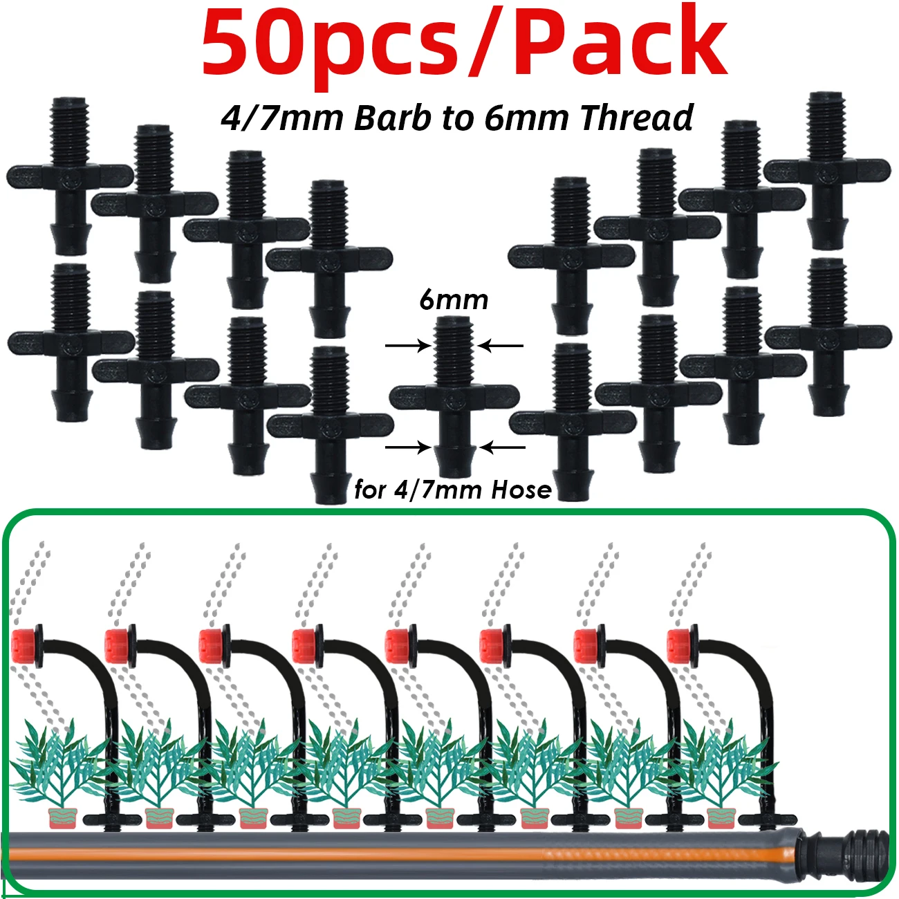 Sprycle 50pcs 4/7mm 3/5mm Tubing Hose  Joint Drip Irrigation KIT Barbed Tee Cross Eng Plug Adapter for Garden Water Connector 3