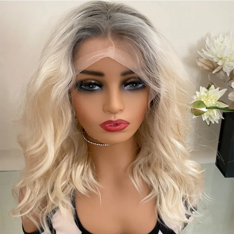 Platinum Blonde Lace Front wig With Grey Roots Thick Shoulder Wavy Synthetic Hair 16" 150% Density Ready to Ship 10% Human Hair