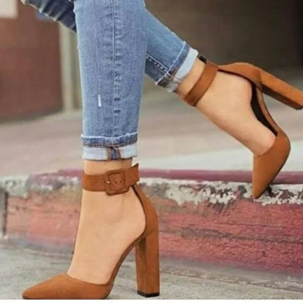 Tan Ankle Strap Heels Office Shoes Pointed Toe Chunky Heel Pumps -  AliExpress