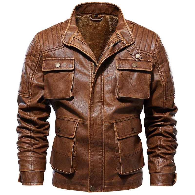 

Men's Winter Warm Motorcycle PU Leather Jacket Autumn Casual Luxury Fleece Coats Military Multi-Pocket Pilot Faux Leather Jacket