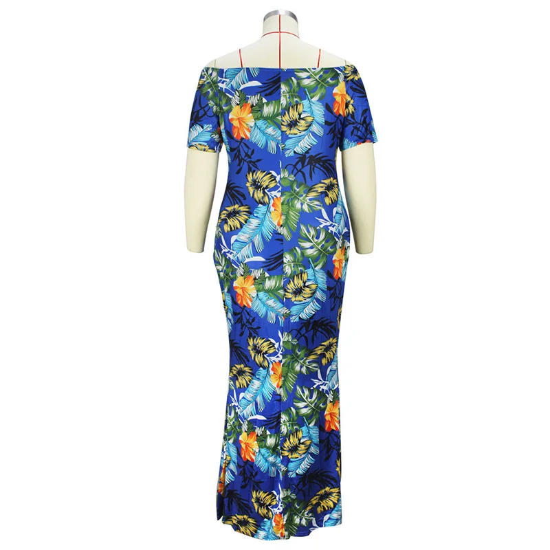 Summer Clothes for Women Robe Femme One Word Collar Sexy Floral Leaf Printing Bag Hip Backless Plus Size Maxi Dress Vacation