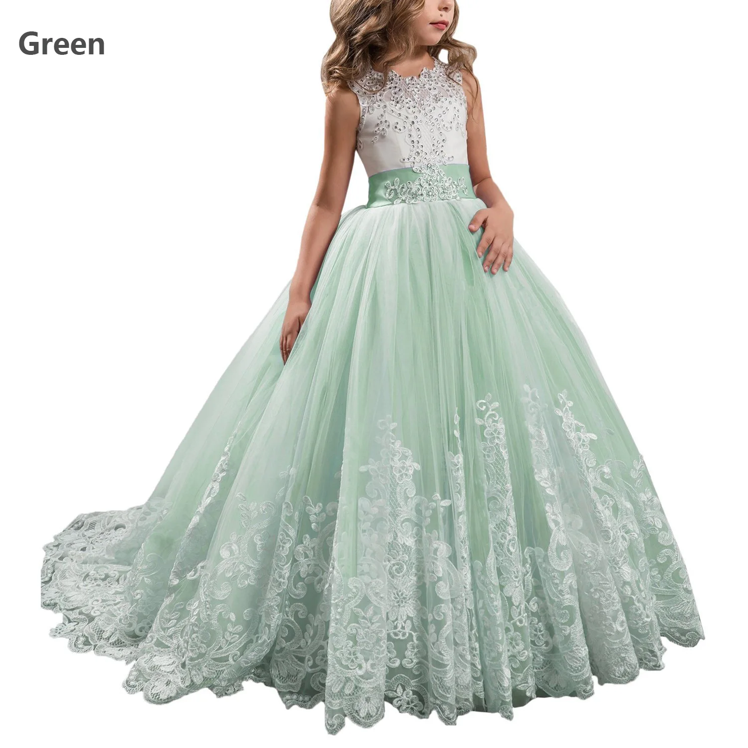 Lovely Lace Girls Formal Dress Sleeveless Beaded Balllgown Flower Girl Dresses Wedding Guest Party Gown Many Colors
