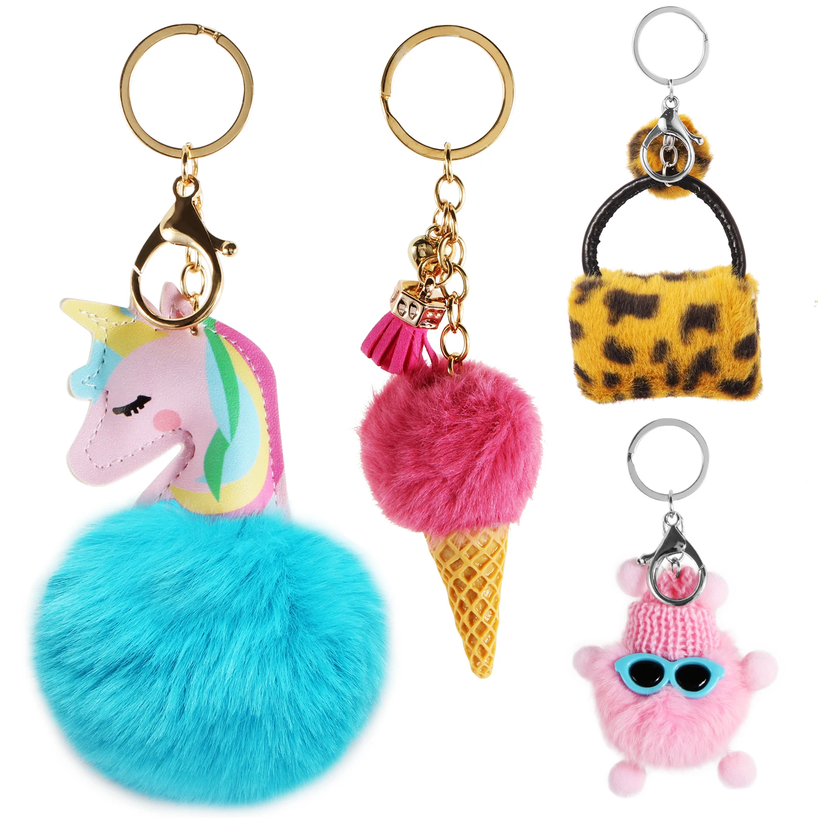 

Qiiuuy 4 Pieces Cute Keychain Fluffy Faux Rabbit Fur Kawaii Keyring For Girls Womens Bag