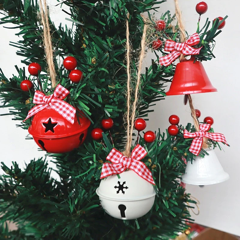Christmas Bells Hanging Decorations Xmas Tree Bell Pendant Imitation Red Berry Decor Iron Bell Pendants Hollowed Snowflake Bells