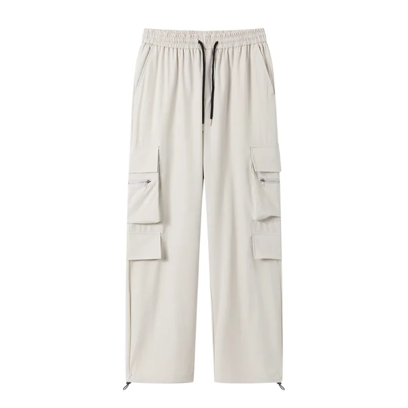 Spring Autumn Men's Clothing Solid Color Elastic High Waist Pocket Casual Loose Trousers Cargo Straight Preppy Style Pants