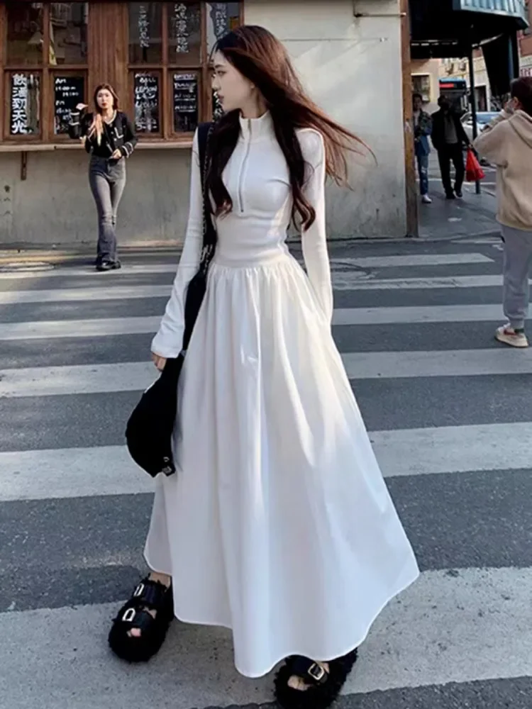 

QWEEK 2024 Autumn Korean Style Zip White Dress Women Kpop Wrap Long Sleeve Long Dresses Streetwear Solid Simple Ladies Chic