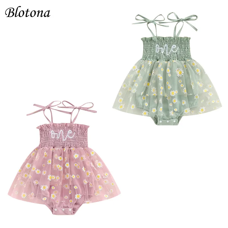 

Blotona Cute Baby Girls Summer Romper Dress Sleeveless Daisy Print Tulle Patchwork Cami Romper 6-18M