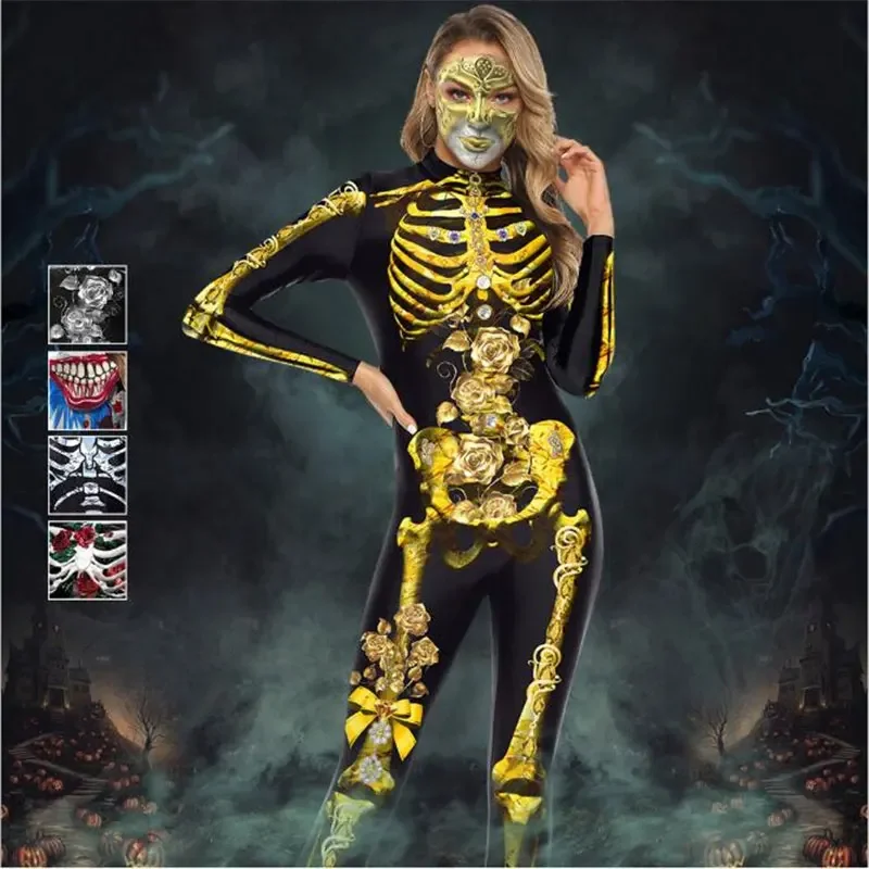 

Ataullah 3D Print Scary Skeleton Costume Jumpsuit Halloween Costumes For Women Mechanical Skull Bone Elastic Bodysuit DW008