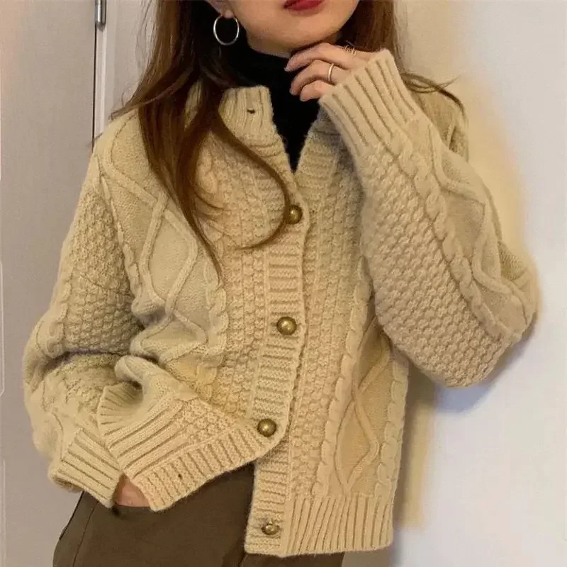 

Autumn Winter Twist Knitted Sweater Women Vintage Thicken O-neck Long Sleeve Casual Loose Jacket Coats Knitwear Fashion Cardigan