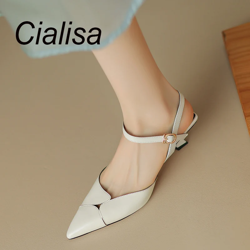 

Cialisa New Sandals 2023 Summer Women's Shoes Genuine Leather Dress Elegant Pointed Toe Handmade 5cm Mid Heels Sandal For Lady
