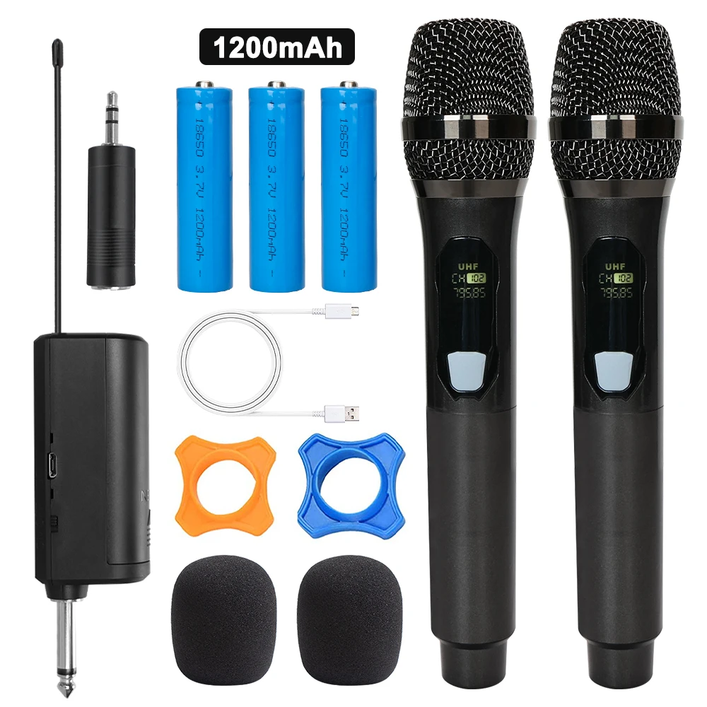 Двухканальный UHF Беспроводной микрофон UHF, двойной ручной микрофон с 1200mAh перезаряжаемым приемником для караоке, свадебная фотография
