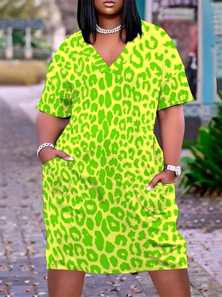 Novo Tamanho Grande das Mulheres Moda Leopardo Estampado Vestido Casual Manga Curta V Neck Com Bolsos Vestidos Festa Solto Tamanho Grande das Mulheres 9 S6422e84e78ac44f0927903c48cc31abbo