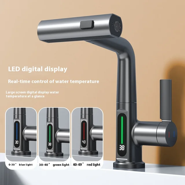 Faucet Vegetable Washing Basin Multifunctional LED Digital Display Tap Rotating Pull-out Cold and Hot Water Mixer 1